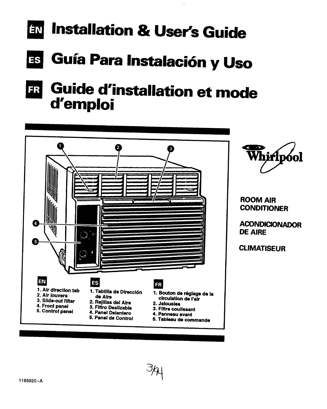 Whirlpool ACM184XA0 manual Slide-out filter, Panneau, 1165920-A 