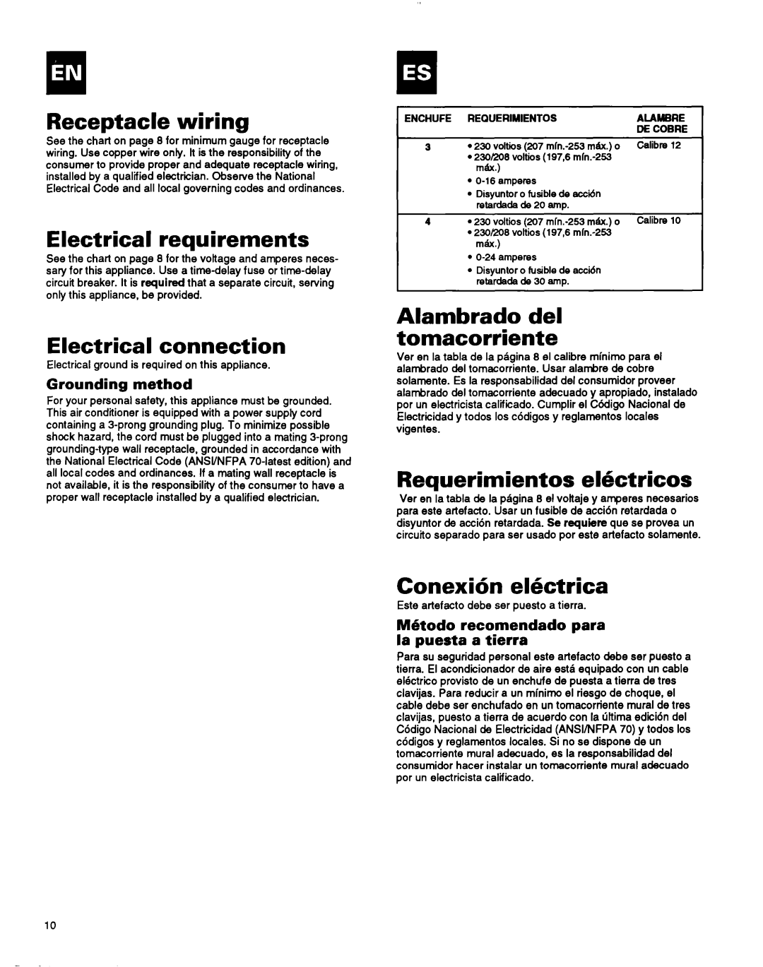 Whirlpool ACM184XA0 manual Receptacle wiring, Electrical requirements, Electrical connection, Alambrado del tomacorriente 