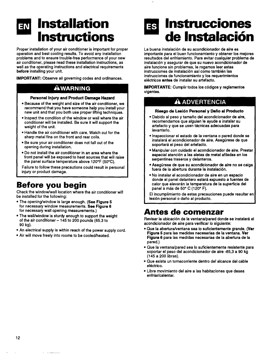 Whirlpool ACM184XA0 manual Installation Instructions, Before you begin, Antes de comenzar 