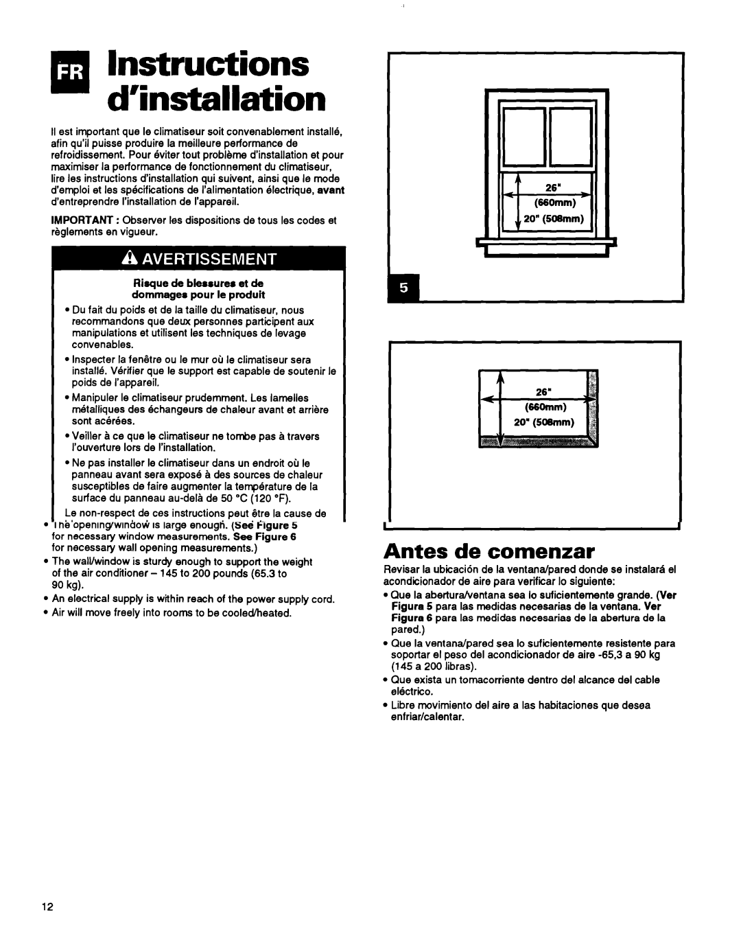 Whirlpool ACM184XA0 manual Md’installationInstructions, Avant de commencer, Du climatiseur, ’entreprendre 