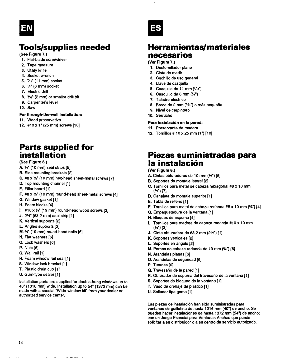 Whirlpool ACM184XA0 manual Tools/supplies needed, Parts supplied for installation, La instalacibn 