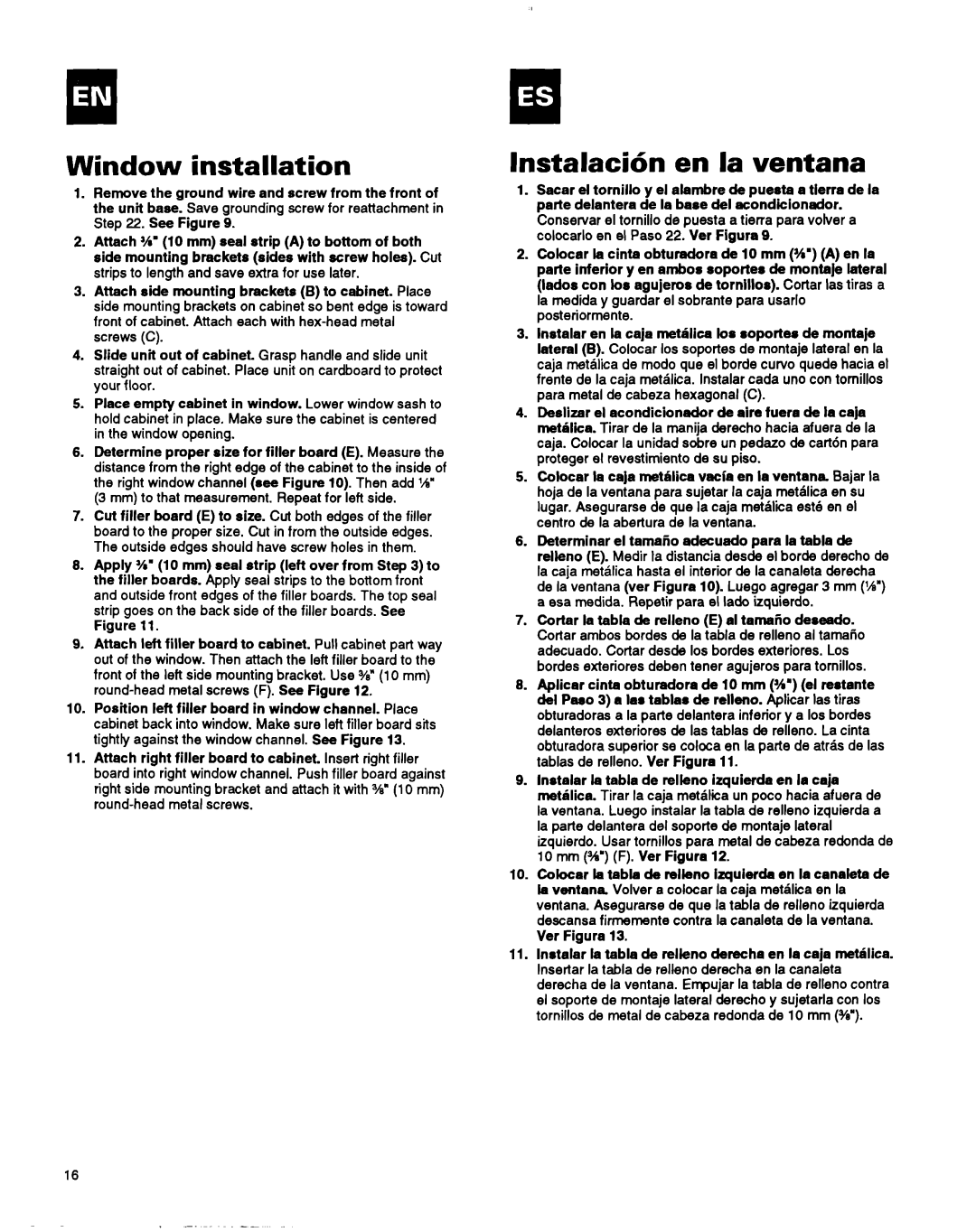 Whirlpool ACM184XA0 manual Window installation, Lnstalacih en la ventana 