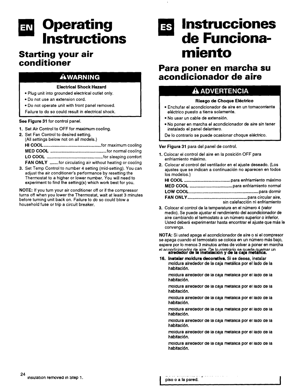 Whirlpool ACM184XA0 manual Starting your air conditioner, Para poner en marcha su Acondicionador de aire 