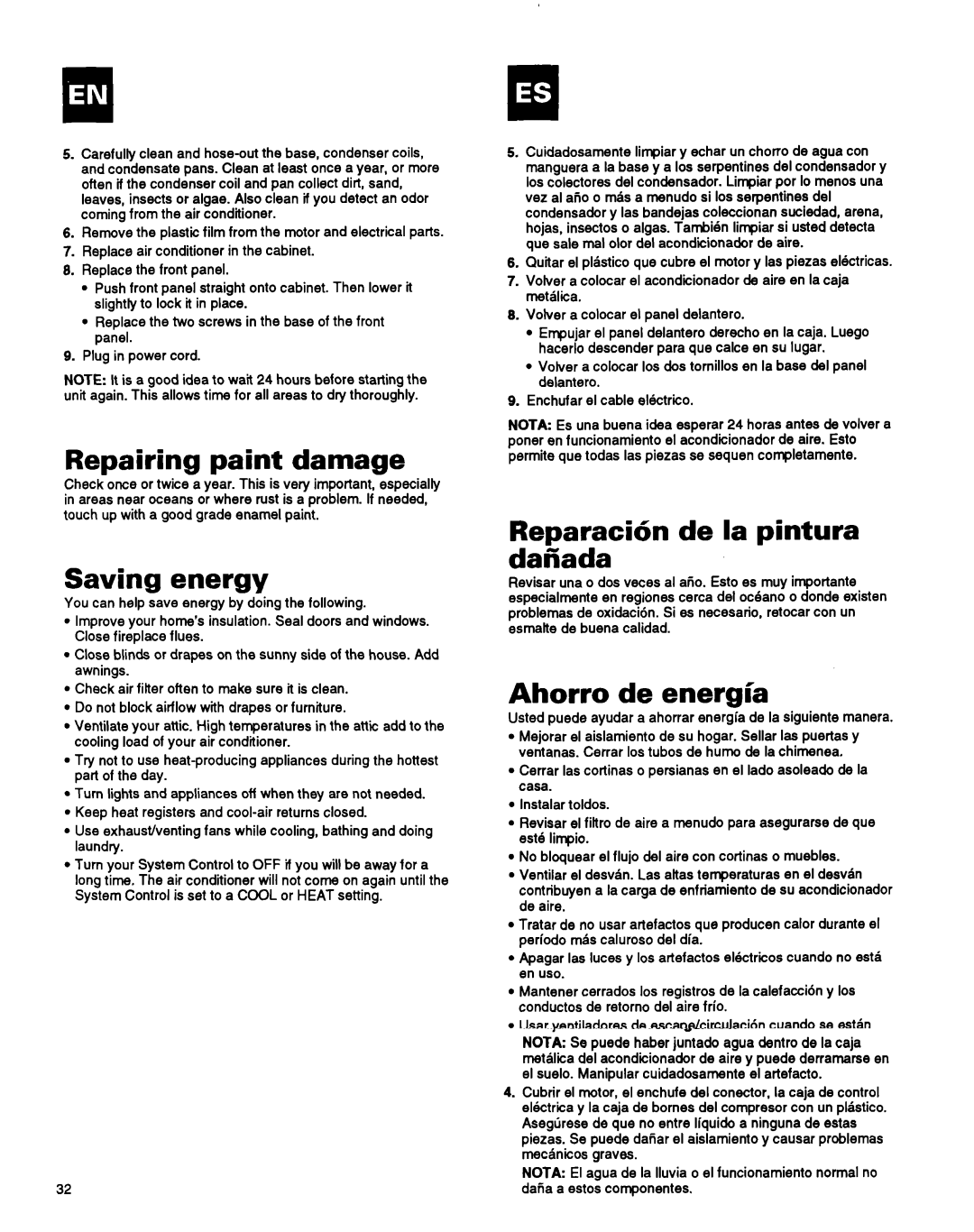 Whirlpool ACM184XA0 manual Repairing paint damage, Saving energy, Reparaci6n de la pintura daiiada, Ahorro de energl’a 