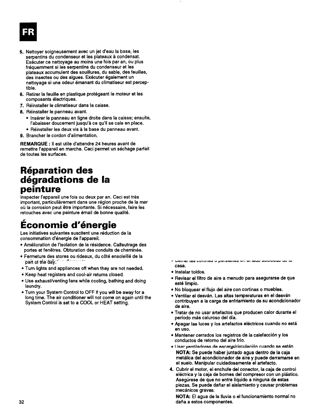 Whirlpool ACM184XA0 manual Rhparat ion des Degradations de la peinture, Honomie d’hergie 