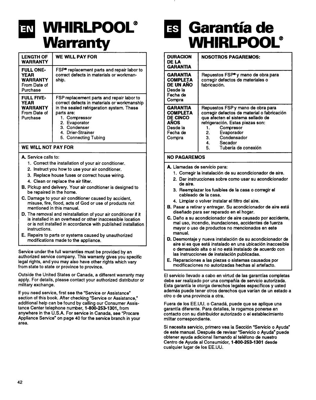 Whirlpool ACM184XA0 manual =arantia de 