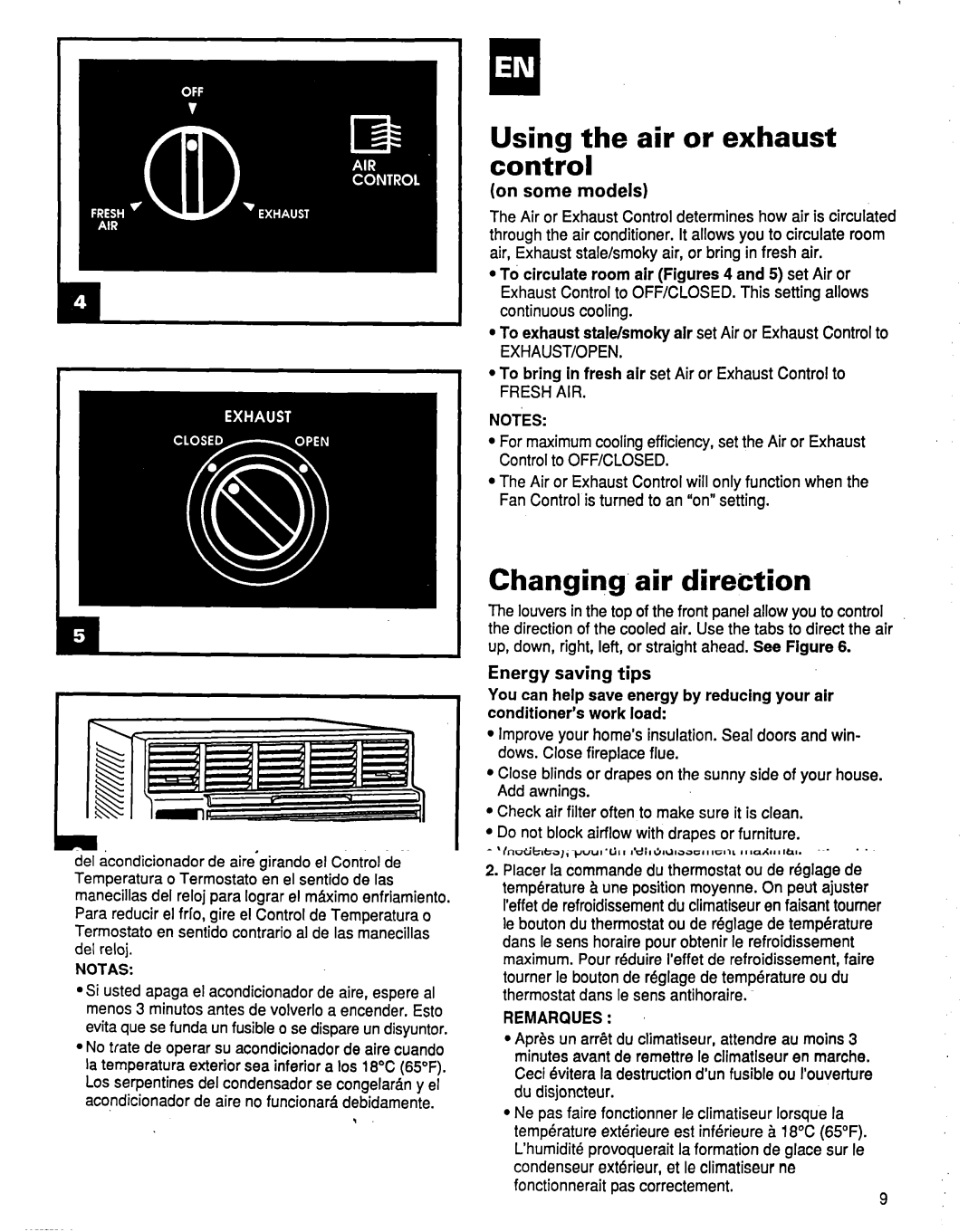 Whirlpool ACM184XE1 manual Using the air or exhaust control, Changing’ air direction, On some models, Energy saving tips 