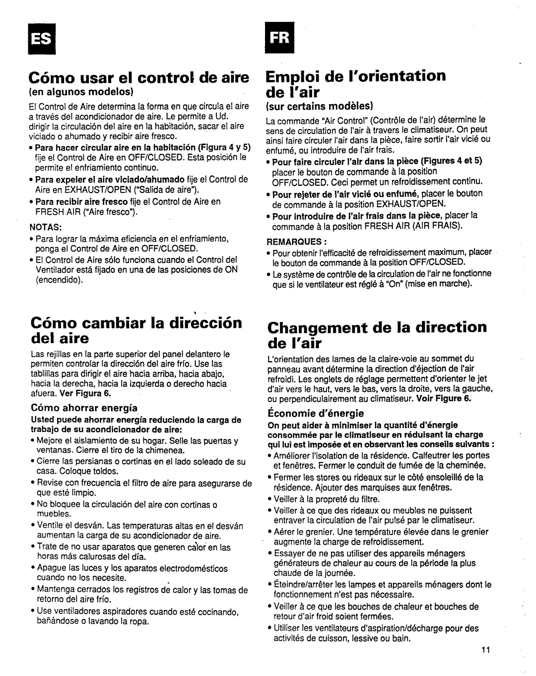 Whirlpool ACM184XE1 C6mo usar el control. de aire, Emploi de I’orientation de i’air, C6mo cambiar la di&cci6n del aire 