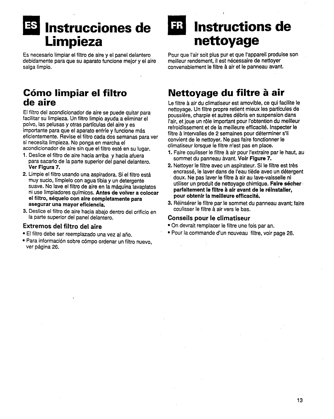 Whirlpool ACM184XE1 manual Lnstrucciones de Limpieza, MlInstructions de nettoyage, C6mo limgiar el filtro De aire 