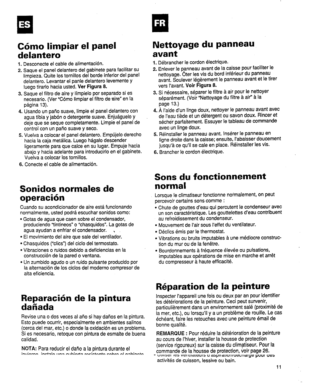 Whirlpool ACM184XE1 manual C6mo limpiar el panel delantero, Nettoyage du panneau avant, Sonidos normales de operacibn 