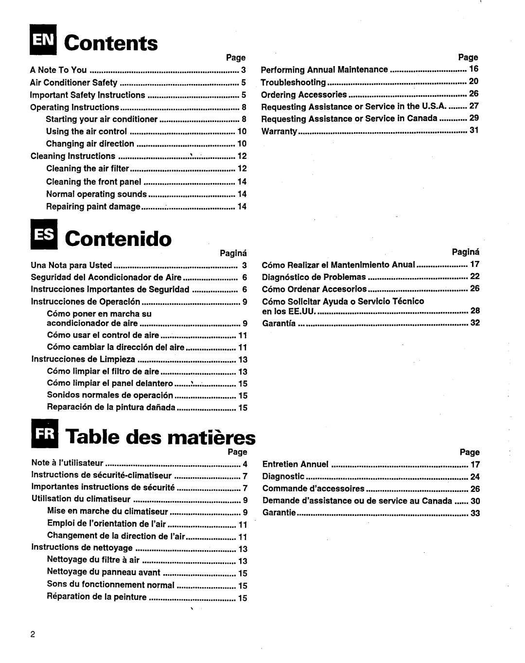 Whirlpool ACM184XE1 manual Contents, Contenido, Des matikes 