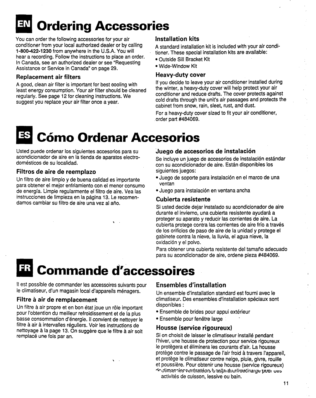 Whirlpool ACM184XE1 manual IaOrdering Accessories, Ordenar Accesorios, Commande d’accessoires 