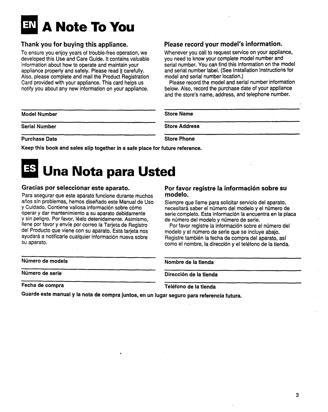 Whirlpool ACM184XE1 manual ElA Note To You, Una Nota para Usted, Gracias por seleccionar este aparato 