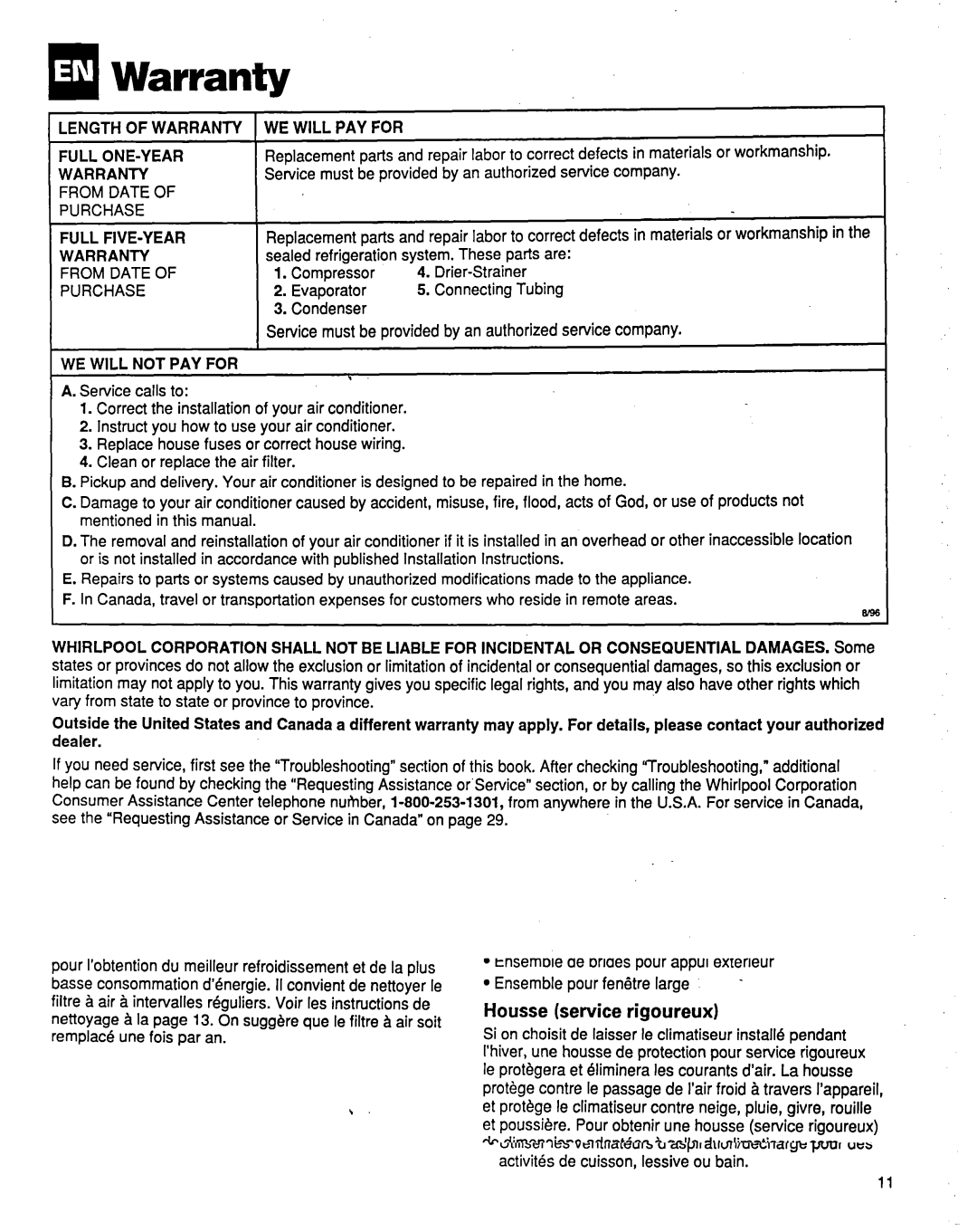 Whirlpool ACM184XE1 manual Warranty, Service must be provided by an authorized service company, Compressor Drier-Strainer 