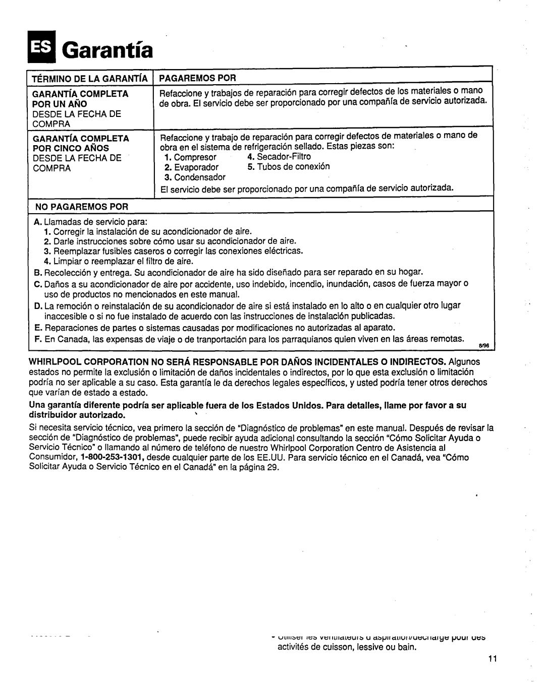 Whirlpool ACM184XE1 manual Garantia, Termin DE LA GARANTiA GARANTiA Completa POR UN Ati0, GARANTiA Completa POR Cinco AflOS 