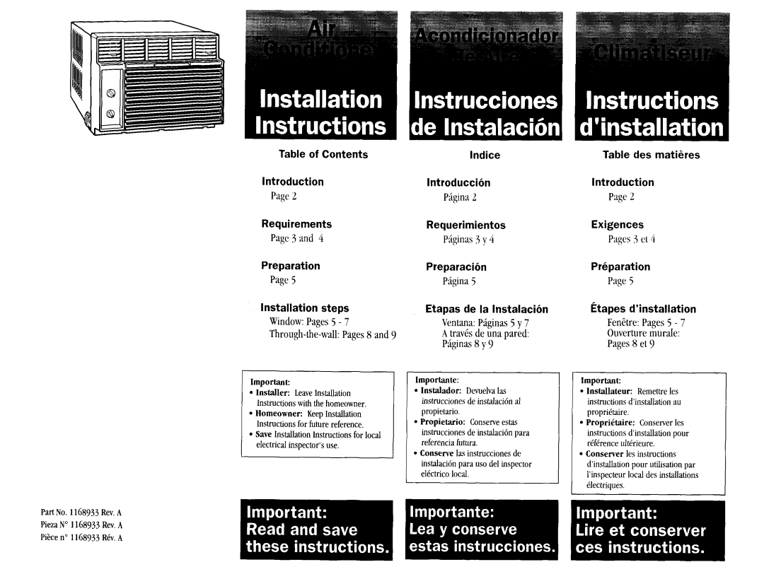 Whirlpool ACM184XE1 manual Installation steps WindowPages5 7 Through-the-wallPages8 