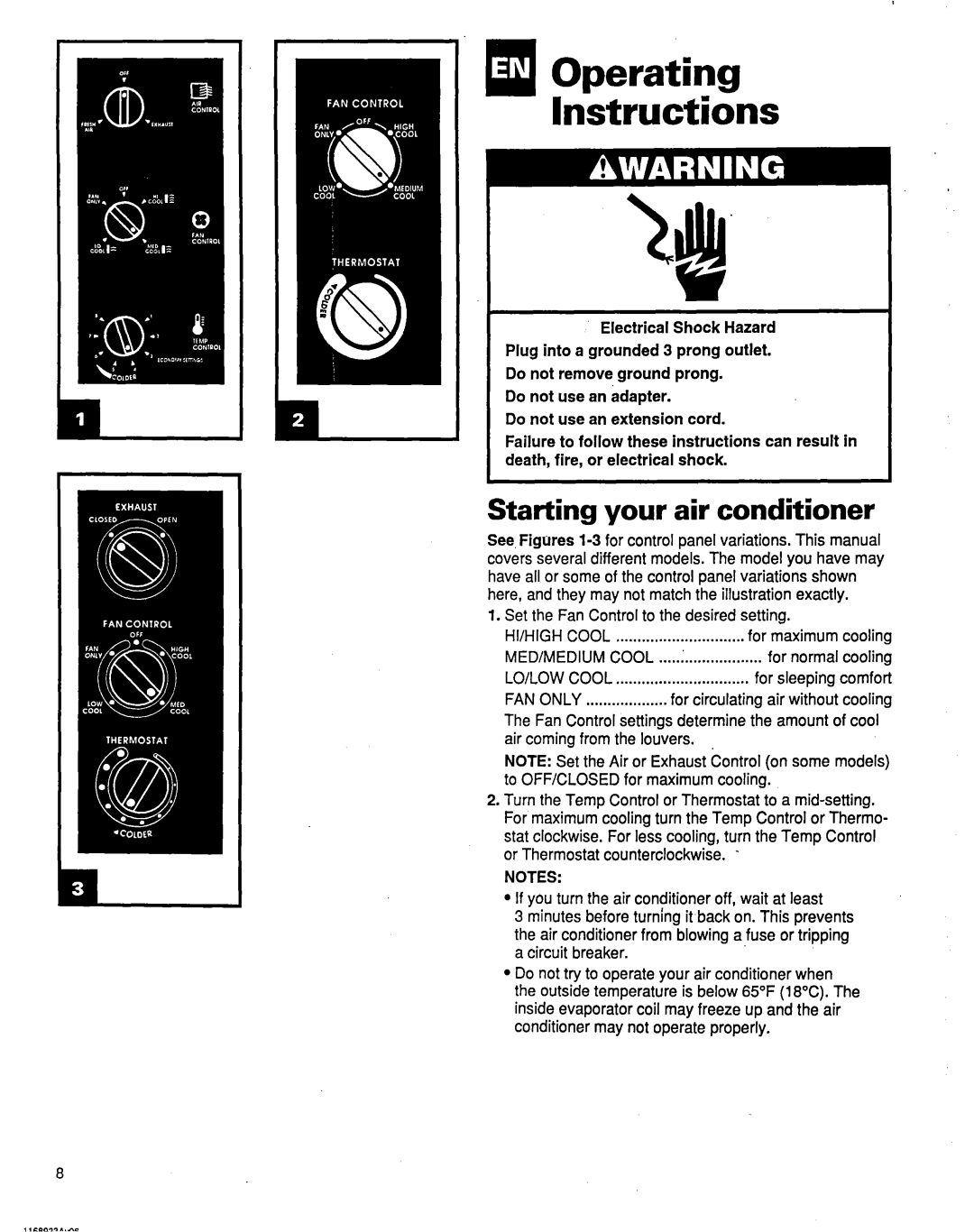 Whirlpool ACM184XE1 manual IaOperating Instructions, For circulating air without cooling 