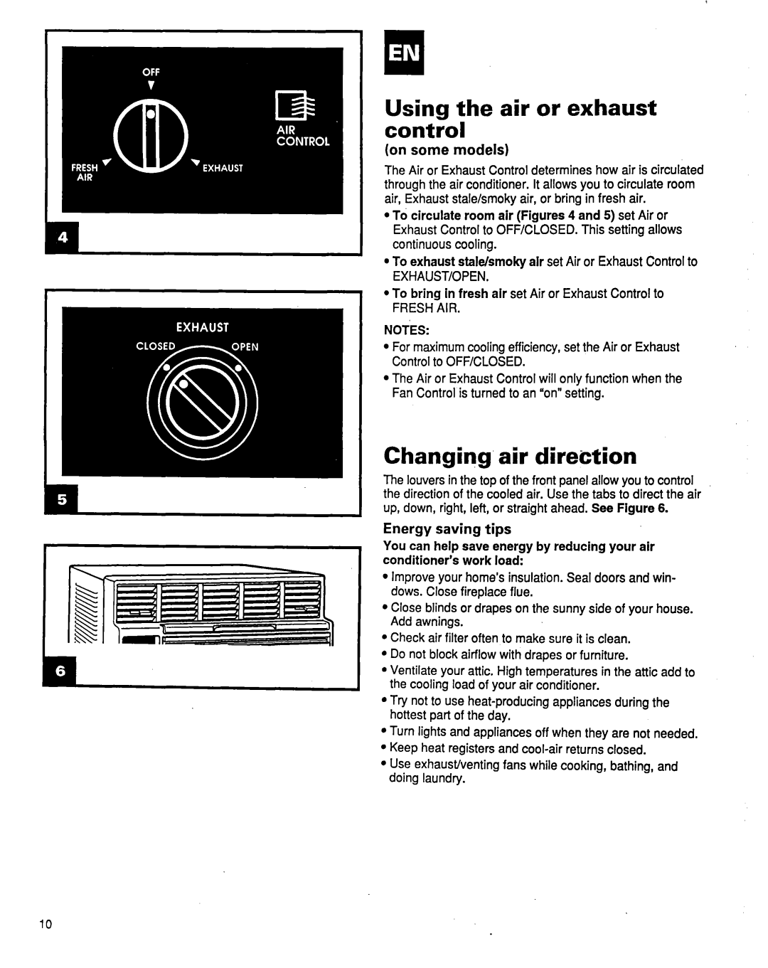 Whirlpool ACM184XE1 manual Using the air or exhaust control, Changing’ air direction, on some models, Energy saving tips 