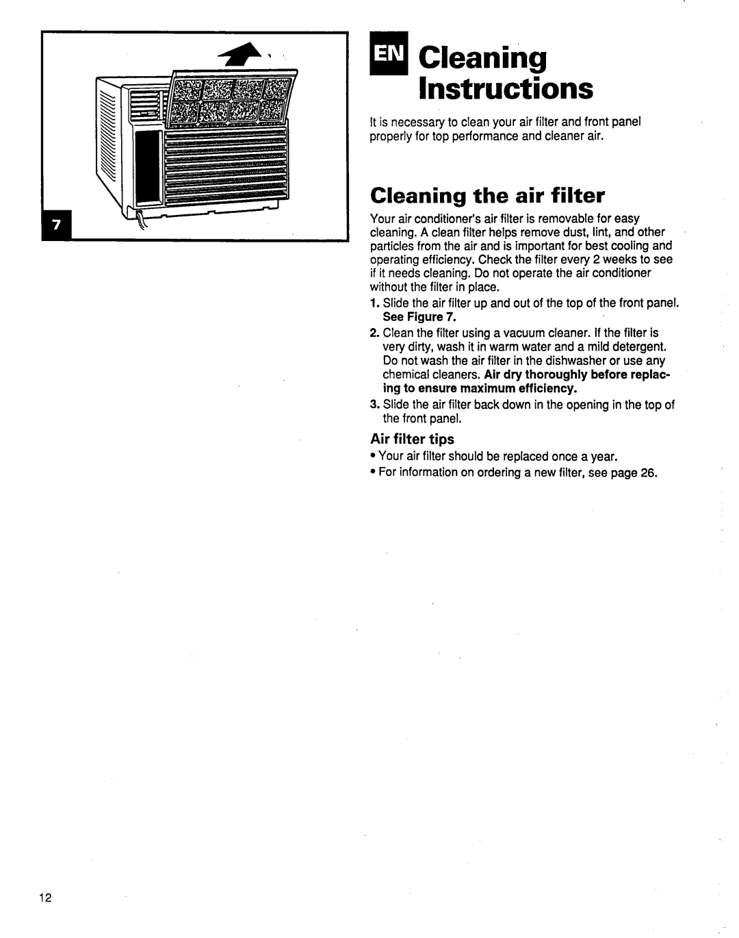 Whirlpool ACM184XE1 manual HICleaning Instructions, Cleaning the air filter, Air filter tips 