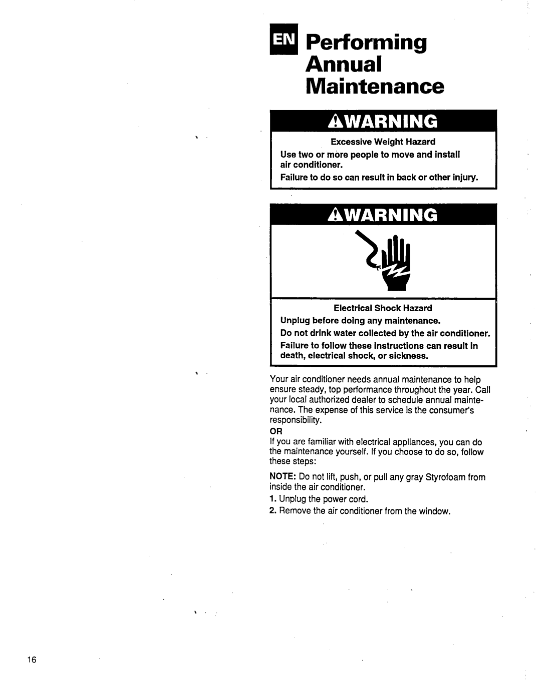 Whirlpool ACM184XE1 manual Ia Performing Annual Maintenance 