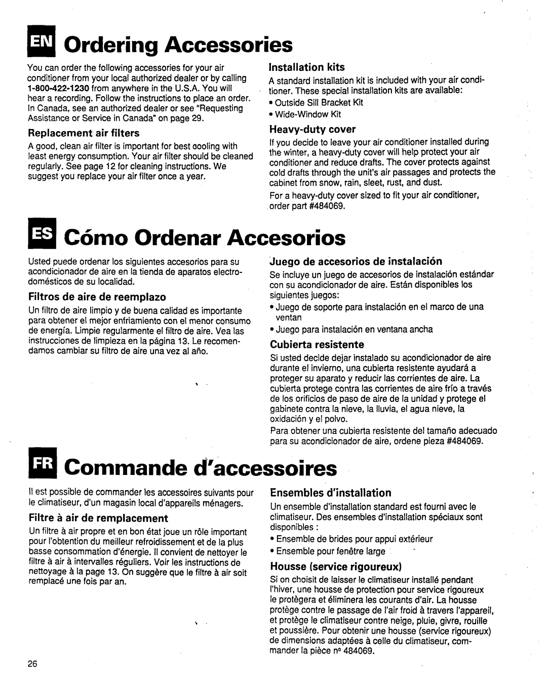 Whirlpool ACM184XE1 IaOrdering Accessories, Ordenar Accesorios, Commande d’accessoires, Installation kits, Heavy-dutycover 