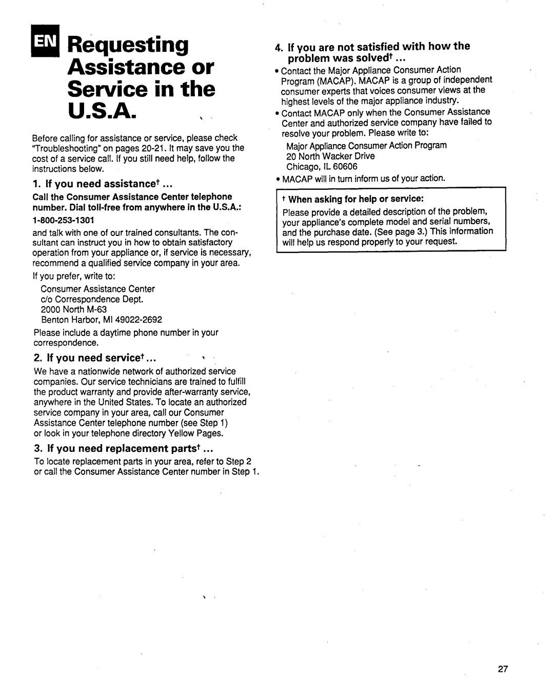 Whirlpool ACM184XE1 aIR&questing Assistance or Service in the, U.S.A. c, If you need assistance+, If you need service+ 
