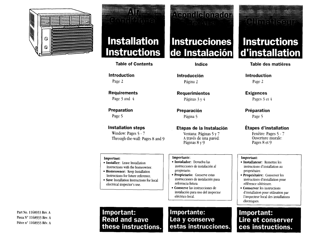 Whirlpool ACM184XE1 Table of Contents Introduction Page2 Requirements, Page3 and Preparation, Piginas3 y Preparacih P$qla 
