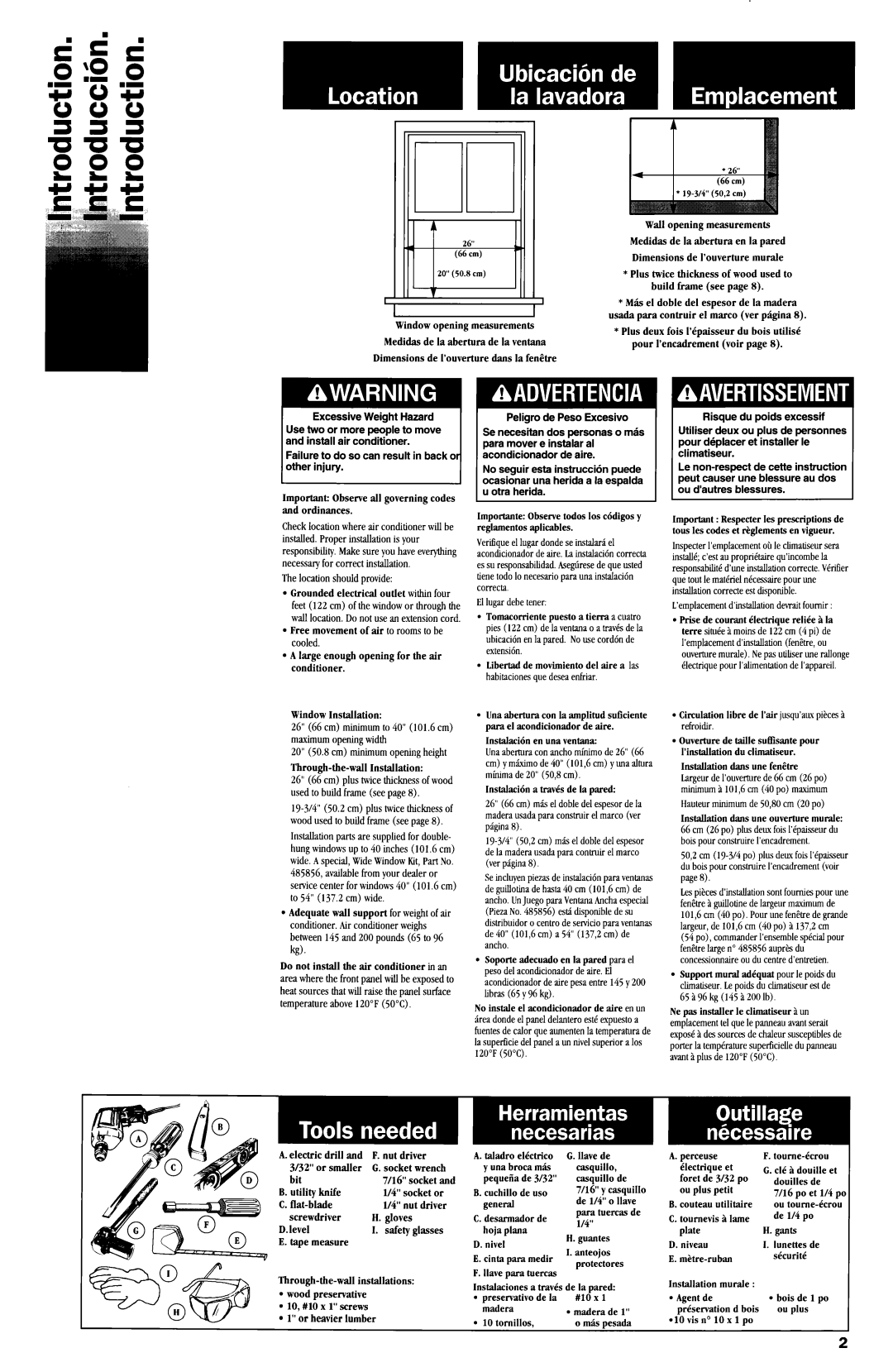 Whirlpool ACM184XE1 manual Wall opening measurements 