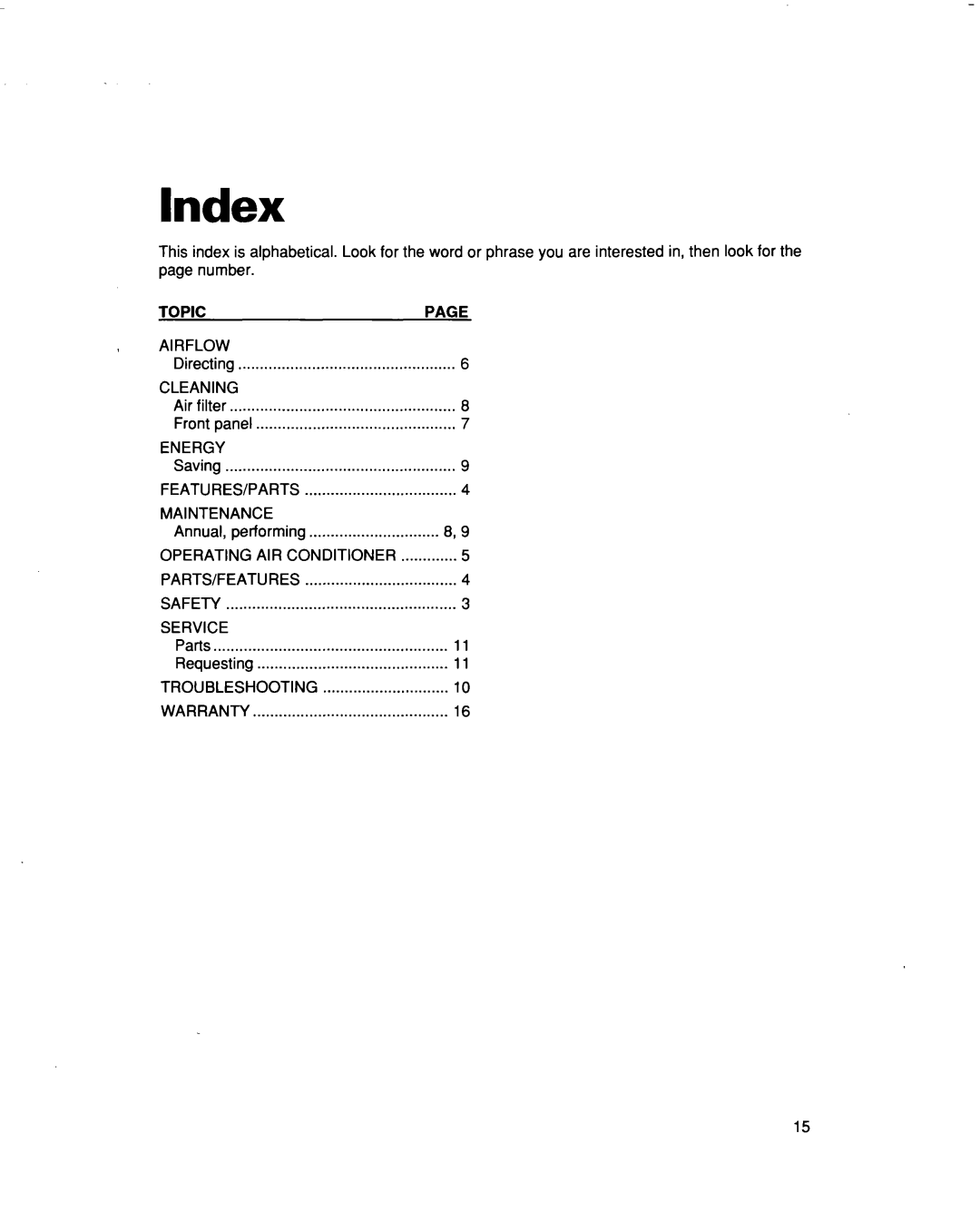 Whirlpool ACM492 warranty Index, Topic 