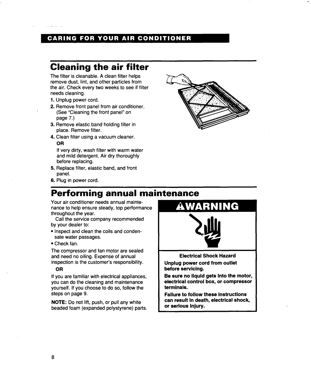 Whirlpool ACM492 warranty Cleaning the air filter, Performing annual maintenance 