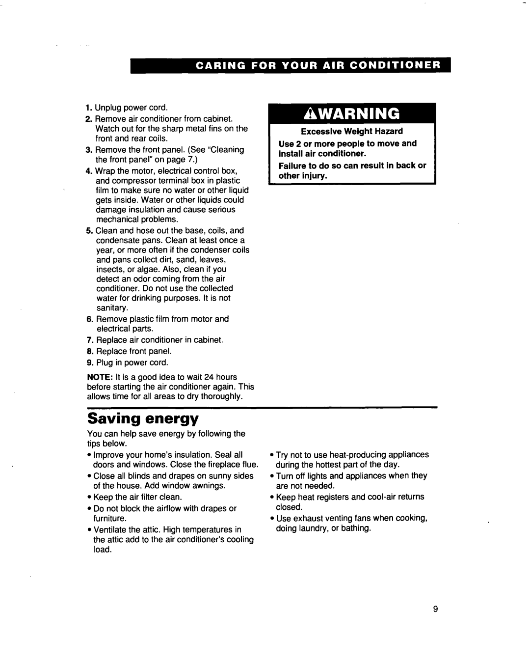 Whirlpool ACM492 warranty Saving energy 