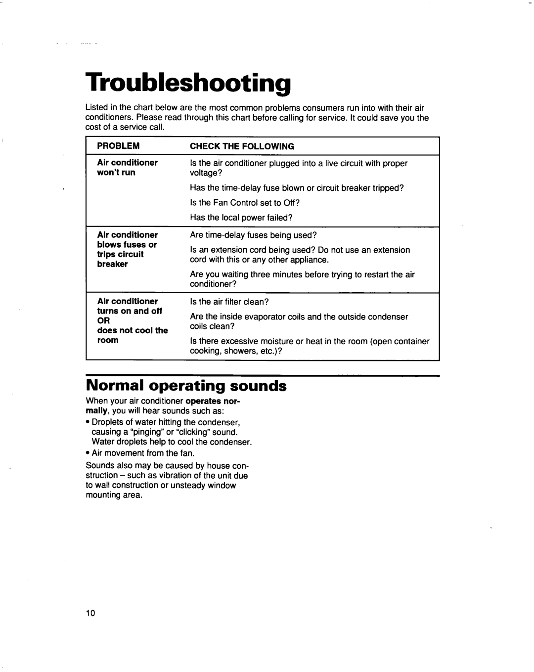Whirlpool ACM492 warranty Troubleshooting, Normal operating sounds 
