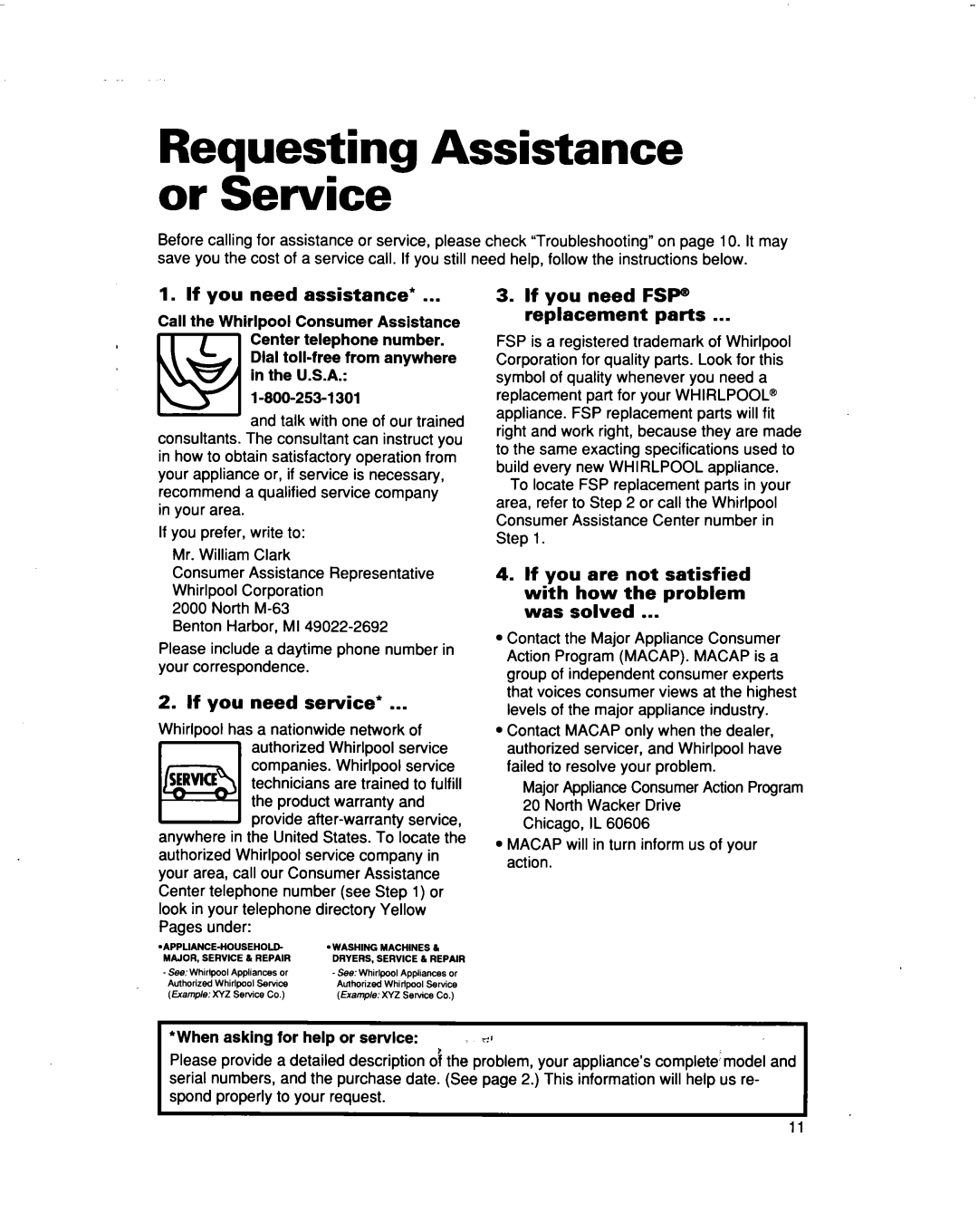 Whirlpool ACM492 warranty Requesting Assistance or Service, If you need assistance, If you need service 