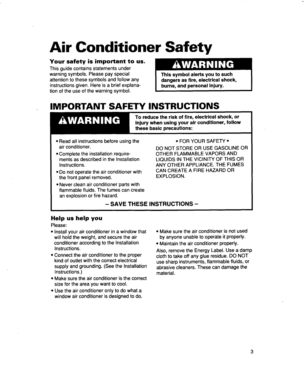 Whirlpool ACM492 Air Conditioner, Important Safety Instructions, Your safety is important to us, Help us help you 