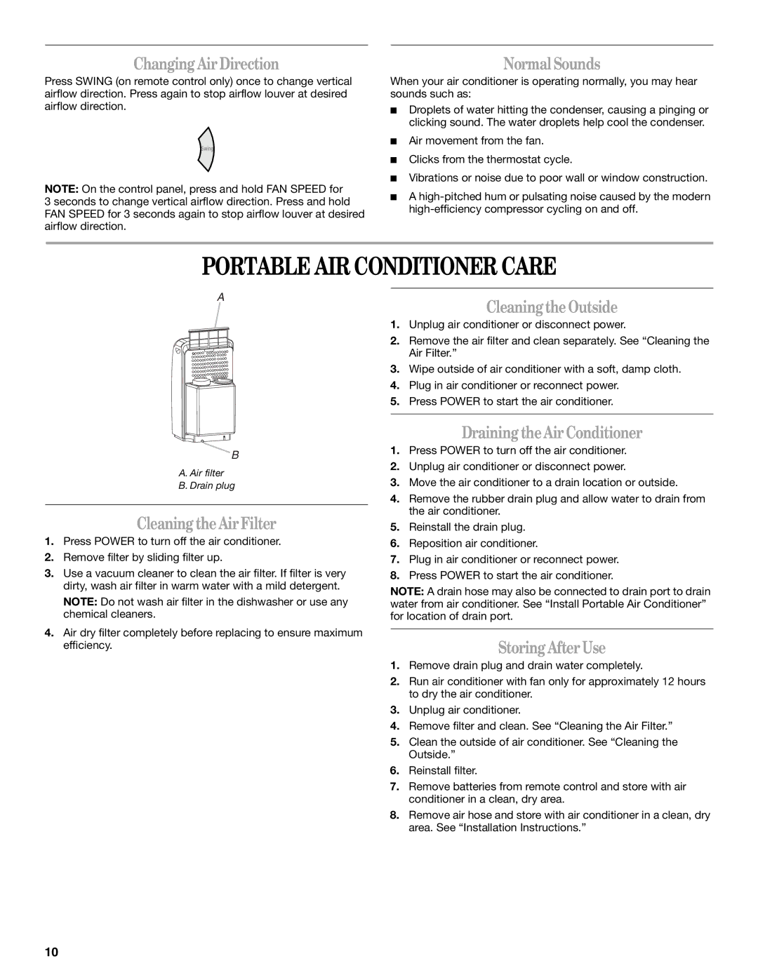 Whirlpool ACP102PR0 manual Portable AIR Conditioner Care 