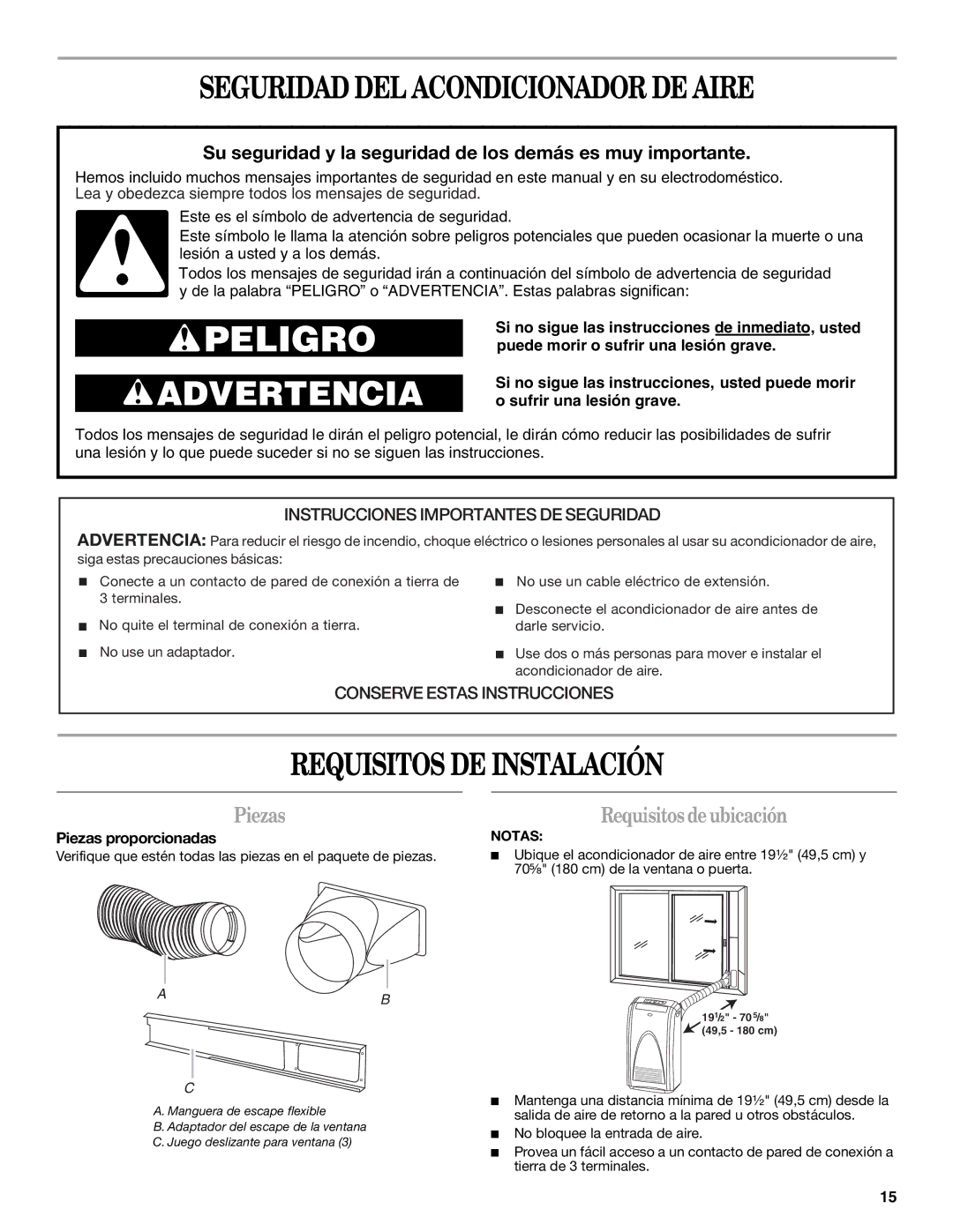 Whirlpool ACP102PR0 manual Seguridad DEL Acondicionador DE Aire, Requisitos DE Instalación, Piezas, Requisitos deubicación 