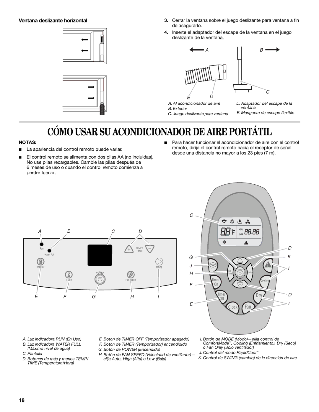 Whirlpool ACP102PR0 manual Cómo Usar SU Acondicionador DE Aire Portátil, Ventana deslizante horizontal 