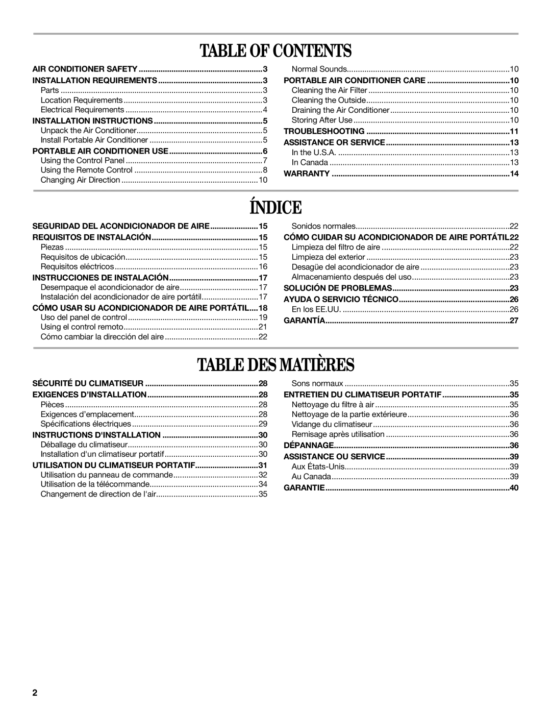 Whirlpool ACP102PR0 manual Table of Contents, Índice, Table DES Matières 