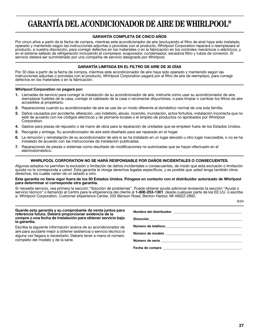 Whirlpool ACP102PR0 manual Garantía Completa DE Cinco Años, Garantía Limitada EN EL Filtro DE Aire DE 30 Días 