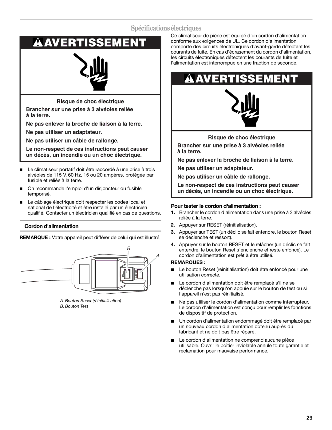 Whirlpool ACP102PR0 manual Spécificationsélectriques, Cordon dalimentation 