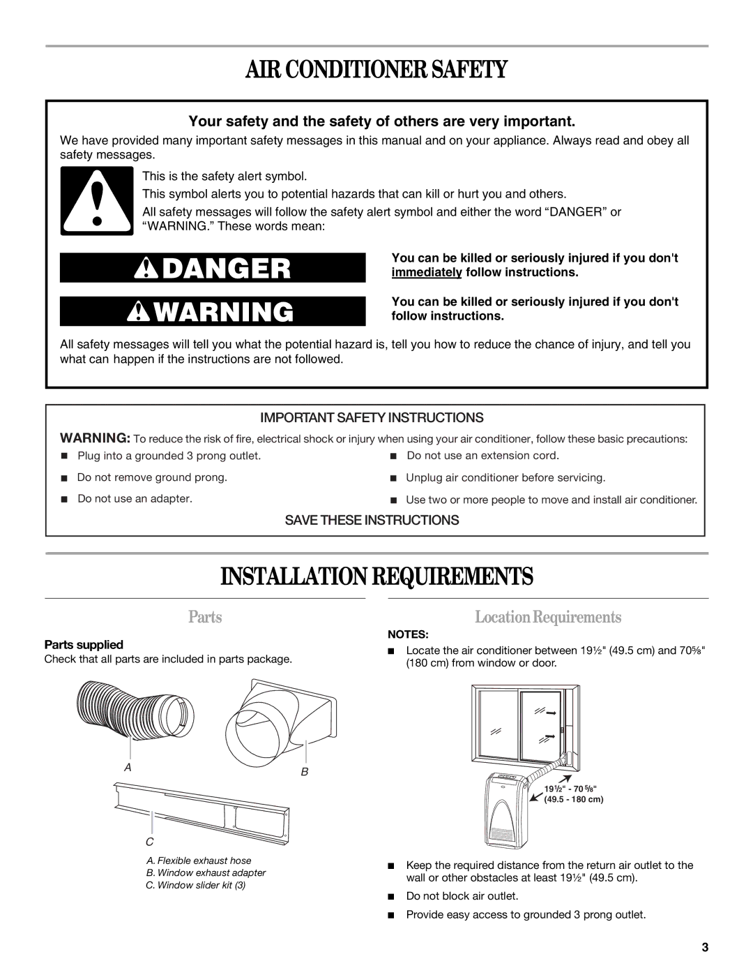 Whirlpool ACP102PR0 manual AIR Conditioner Safety, Installation Requirements, LocationRequirements, Parts supplied 