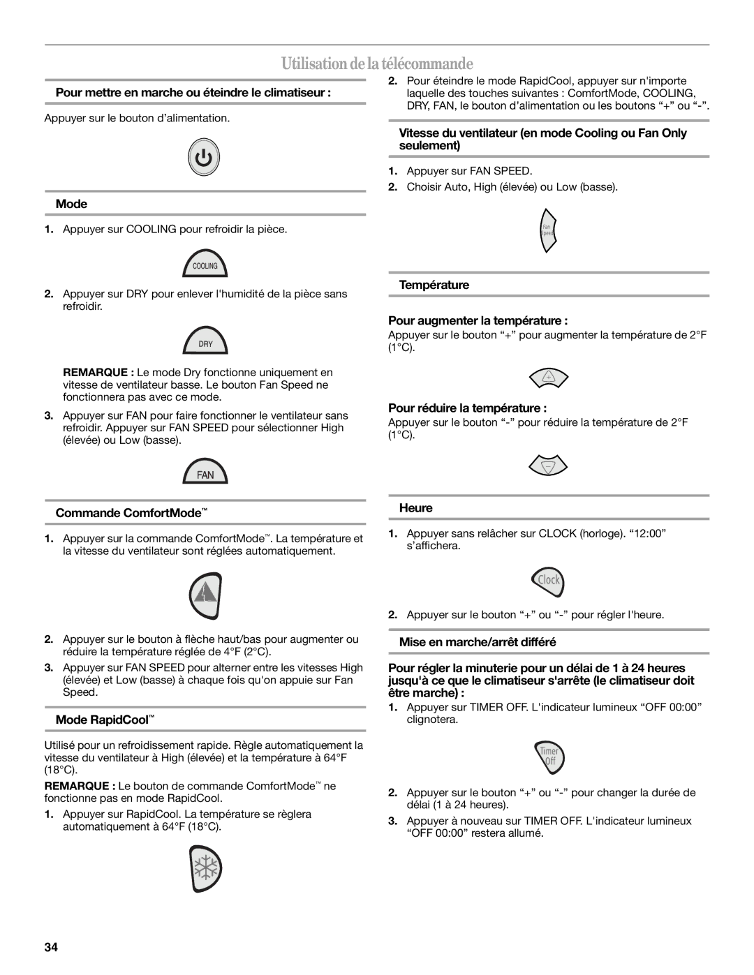 Whirlpool ACP102PR0 manual Utilisationdelatélécommande 