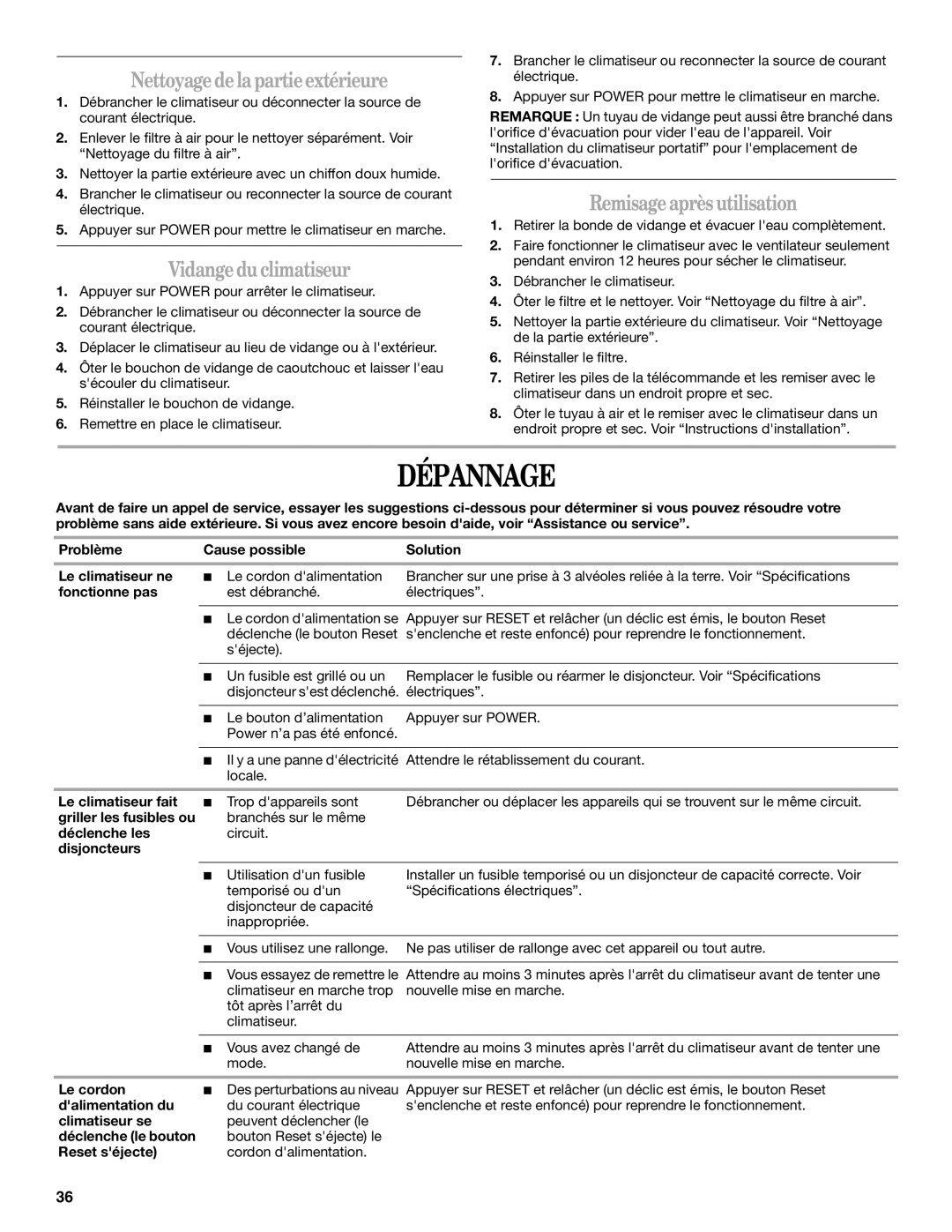 Whirlpool ACP102PR0 manual Dépannage, Nettoyagedelapartieextérieure, Vidangeduclimatiseur, Remisageaprès utilisation 