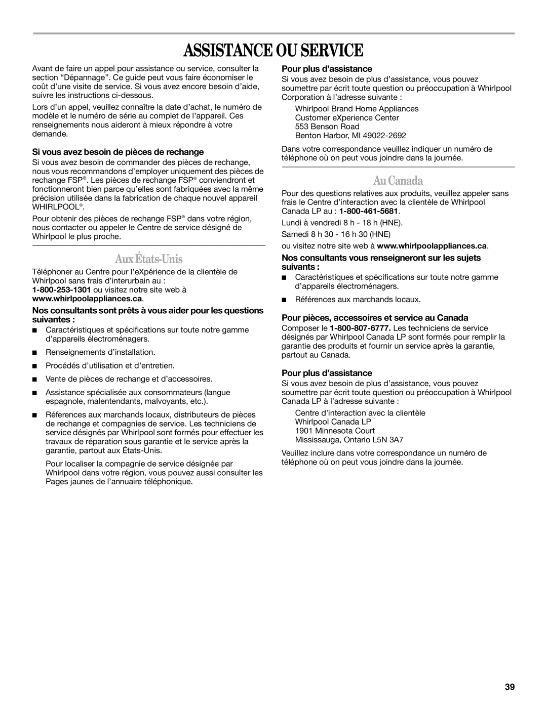 Whirlpool ACP102PR0 manual Assistance OU Service, AuxÉtats-Unis, Au Canada 