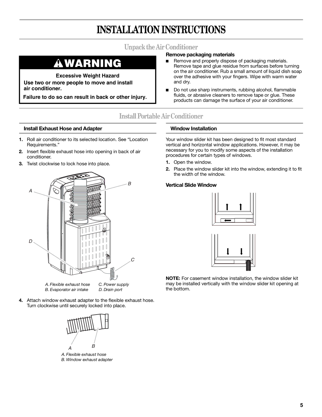 Whirlpool ACP102PR0 manual Installation Instructions, UnpacktheAirConditioner, Install PortableAirConditioner 