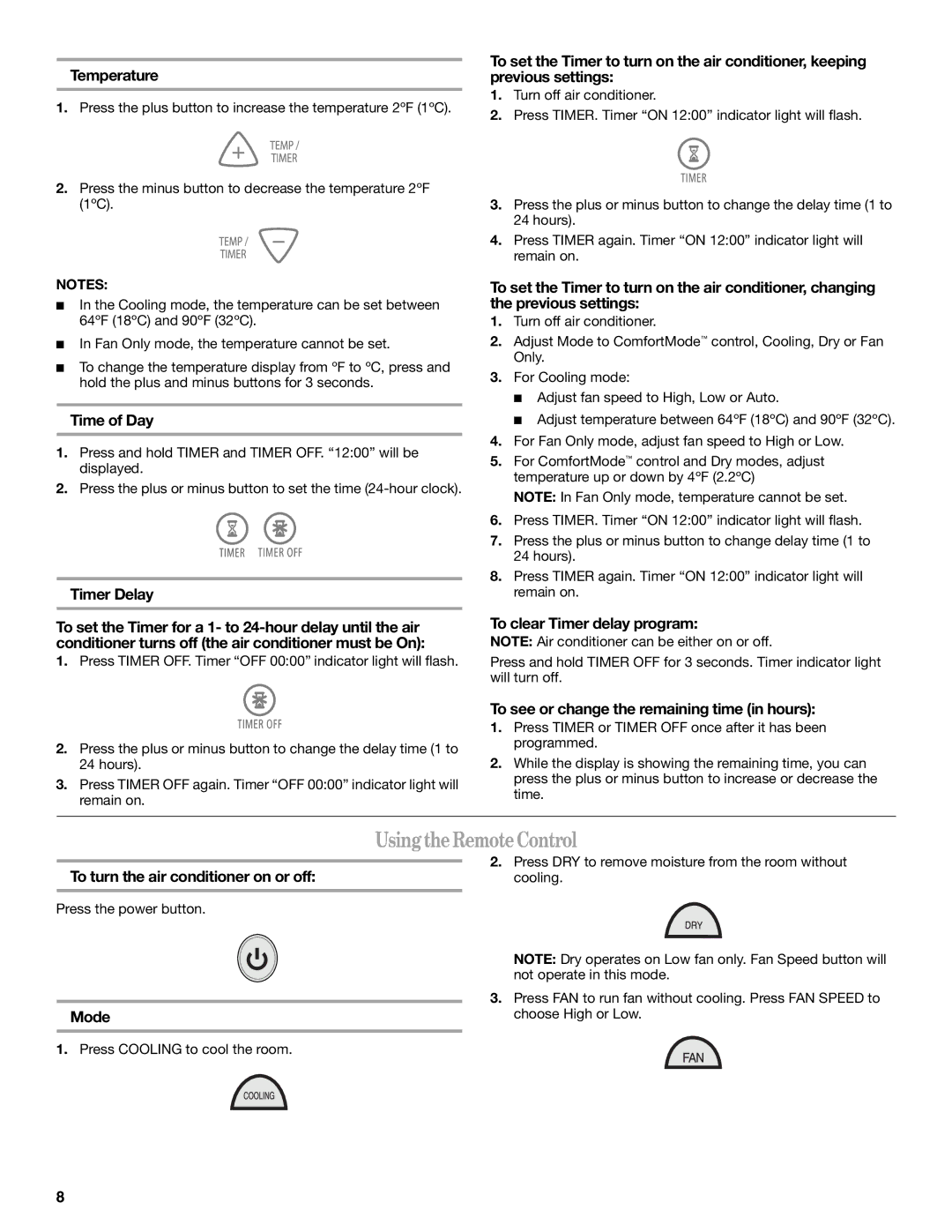 Whirlpool ACP102PR0 manual UsingtheRemoteControl 