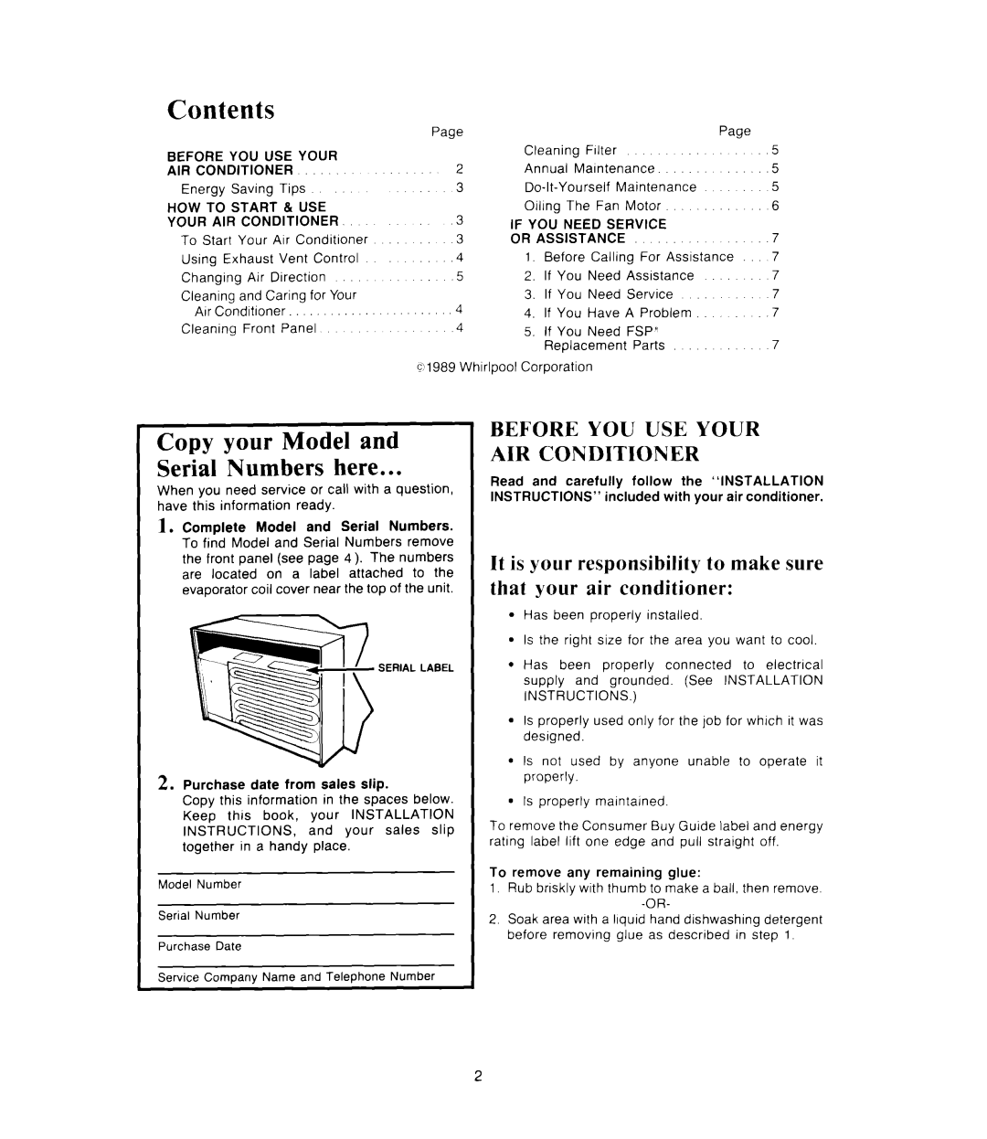 Whirlpool ACO802XS, ACP602XT, ACP552XT, AC1052XS manual Contents 