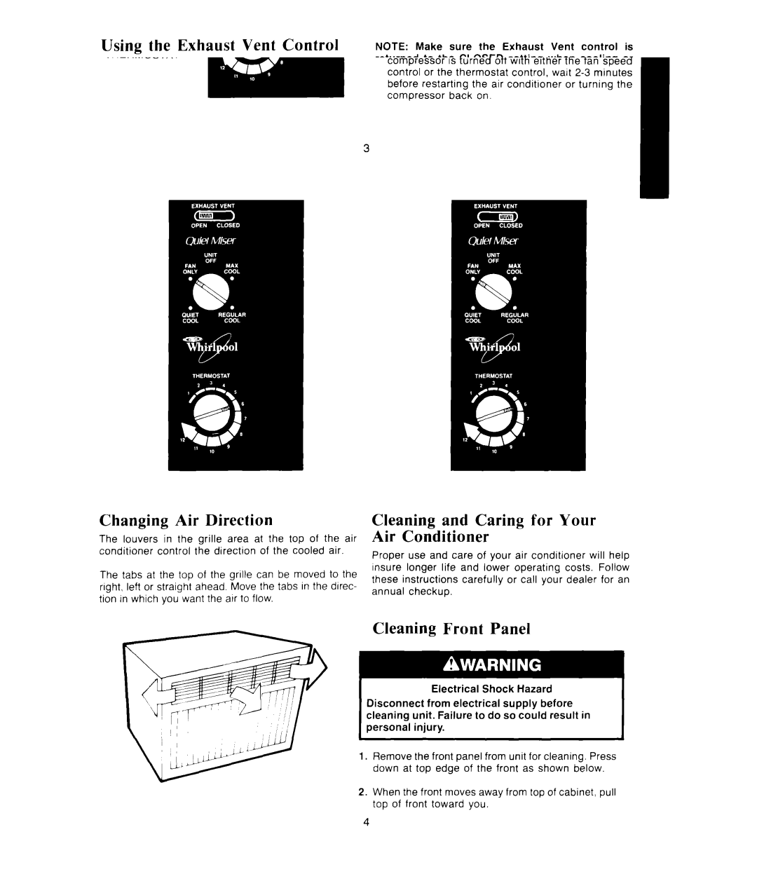 Whirlpool ACP602XT Using the Exhaust Vent Control, Changing Air Direction, Cleaning and Caring for Your Air Conditioner 