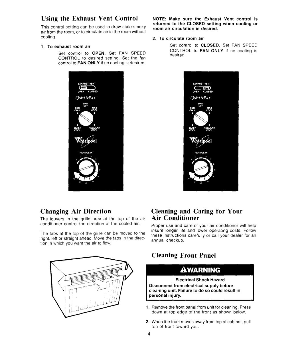 Whirlpool ACP602XT Using the Exhaust Vent Control, Changing Air Direction, Cleaning and Caring for Your Air Conditioner 