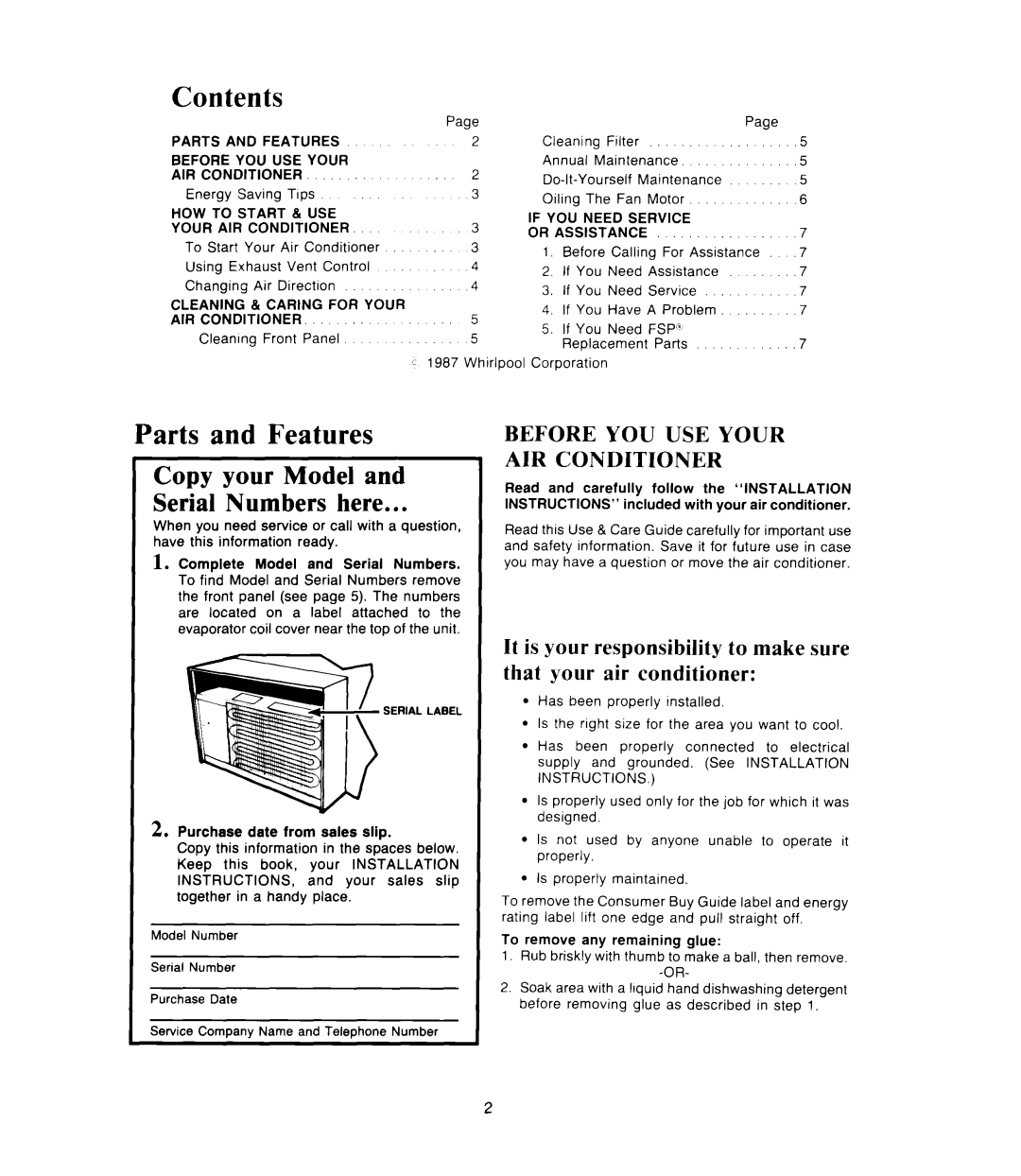 Whirlpool ACPS82, ACW082 manual Contents, Parts and Features 